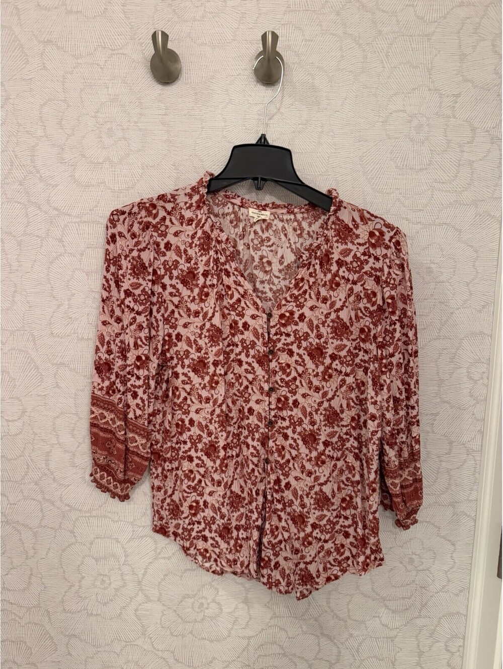 Mason & Belle Women’s Red/White Floral Button Front Blouse 3/4 Sleeve XXL